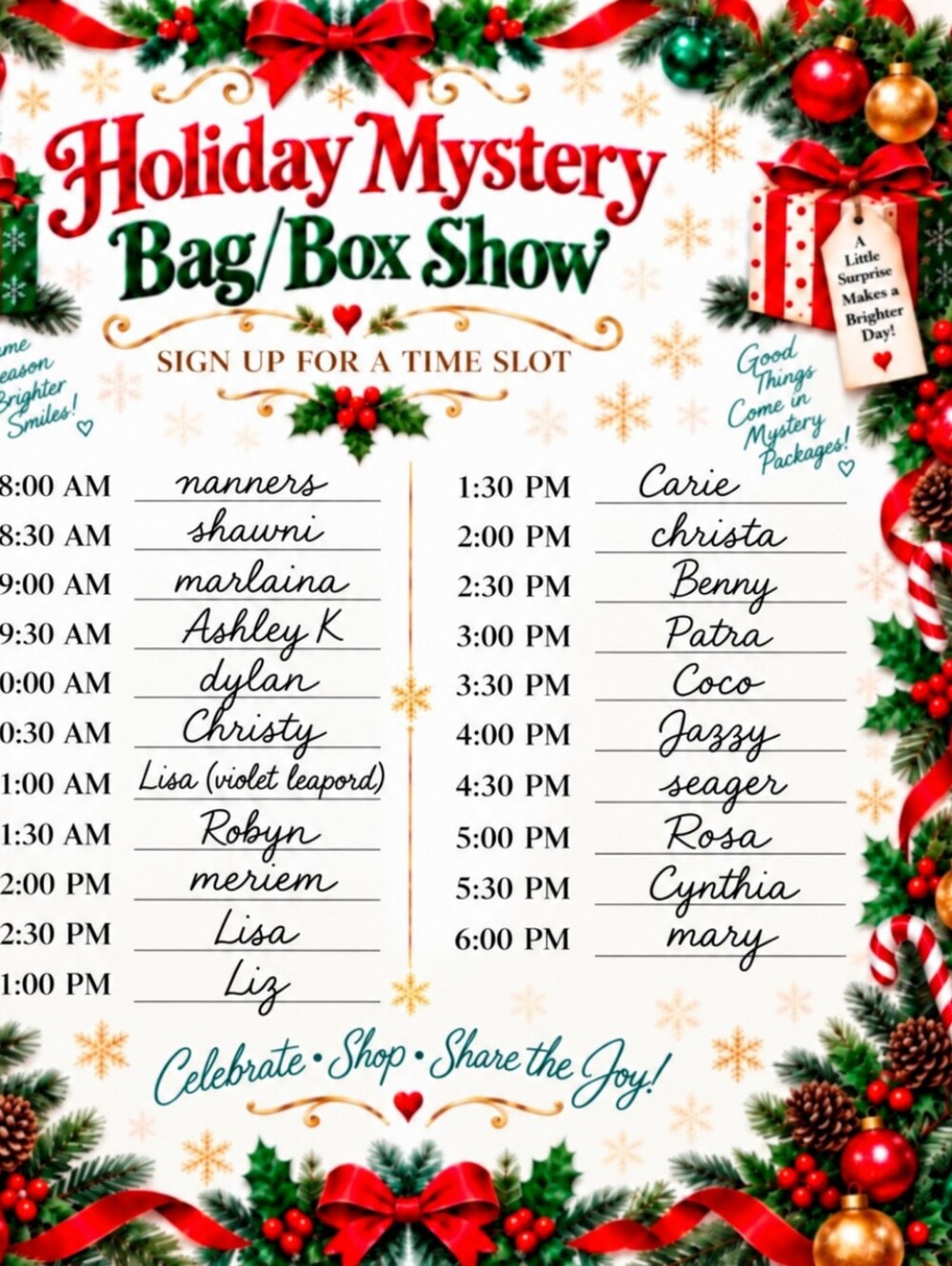 This Is A List Of Sellers For A Mystery Bag/box Show